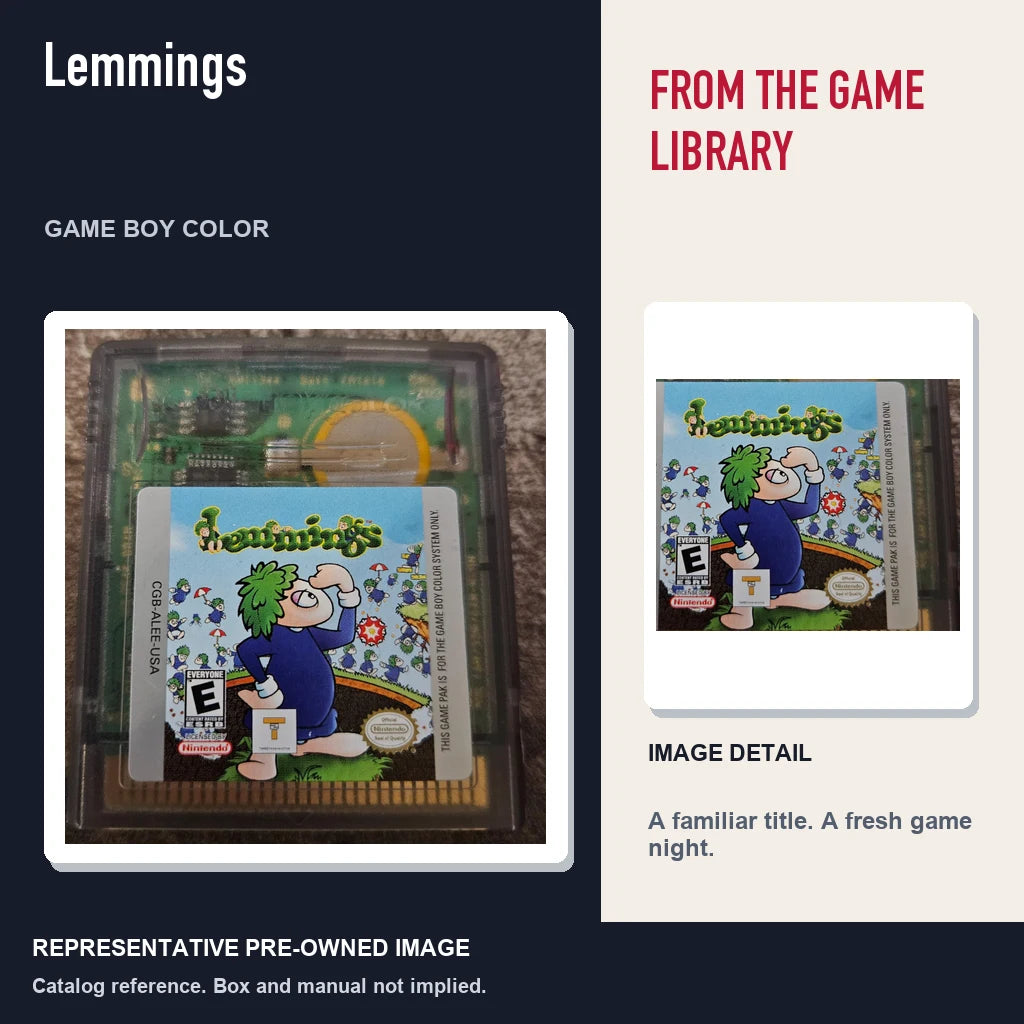 Representative pre-owned Lemmings (Game Boy Color), editorial image and detail.