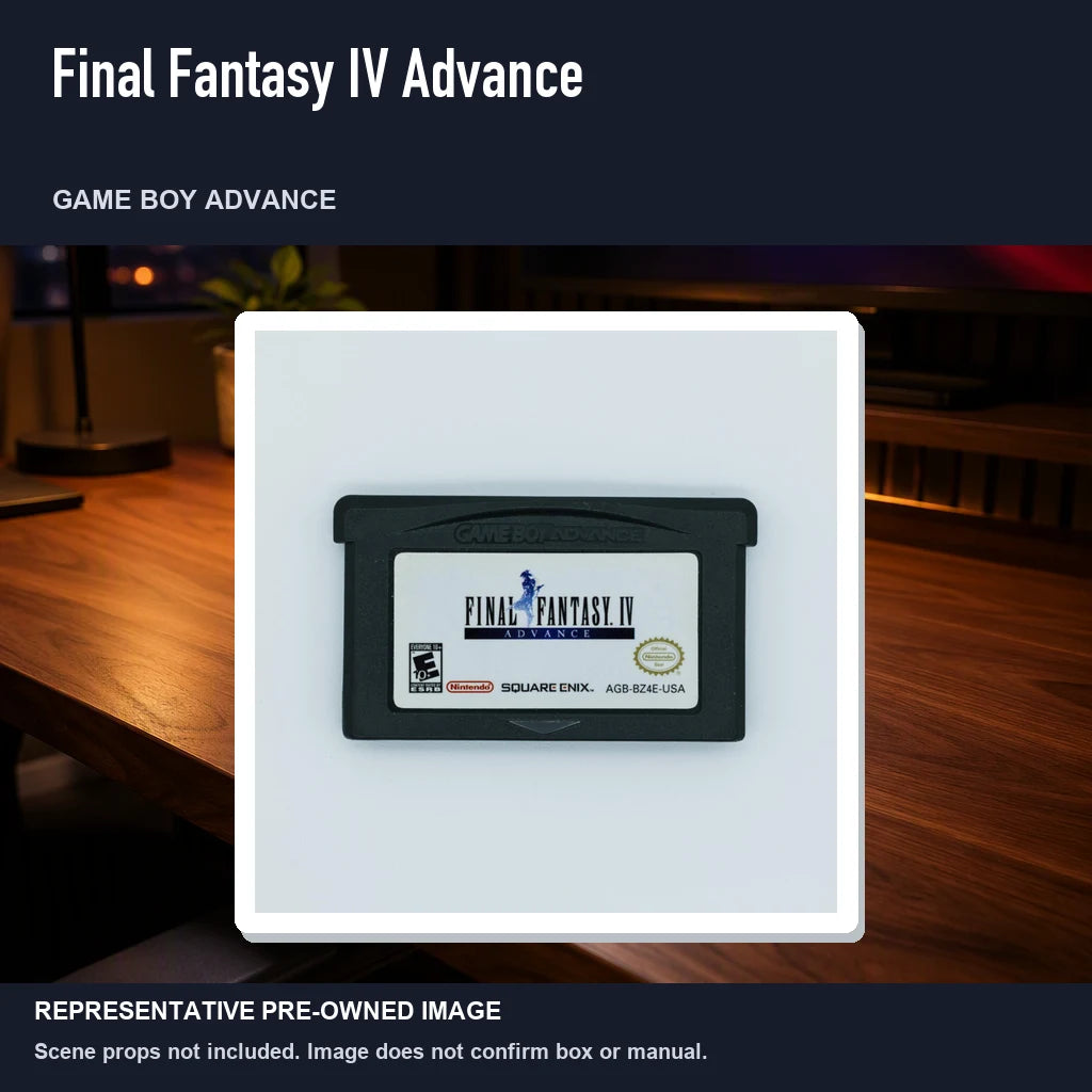 Representative pre-owned Final Fantasy IV Advance (Game Boy Advance), product image in a styled desk scene.