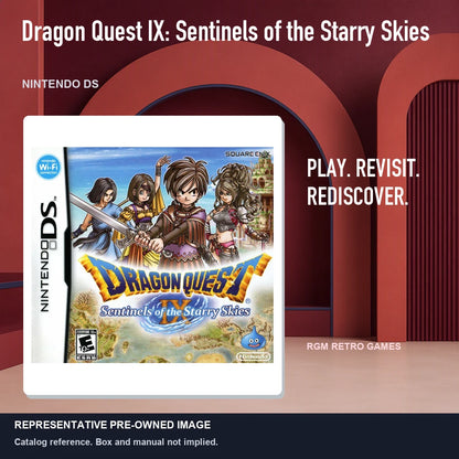 Representative pre-owned Dragon Quest IX: Sentinels of the Starry Skies (Nintendo DS), red retro product layout.