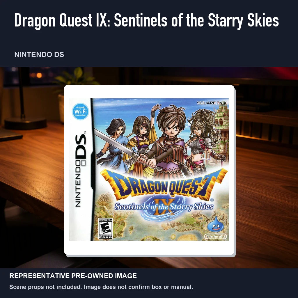 Representative pre-owned Dragon Quest IX: Sentinels of the Starry Skies (Nintendo DS), product image in a styled desk scene.