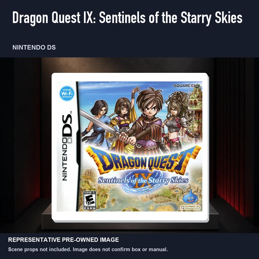 Representative pre-owned Dragon Quest IX: Sentinels of the Starry Skies (Nintendo DS), product image on a display panel.