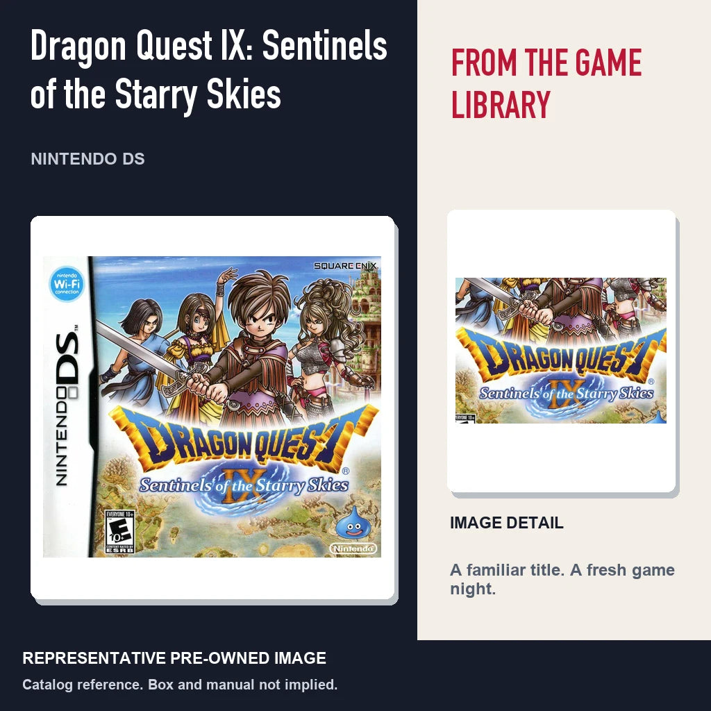 Representative pre-owned Dragon Quest IX: Sentinels of the Starry Skies (Nintendo DS), editorial image and detail.