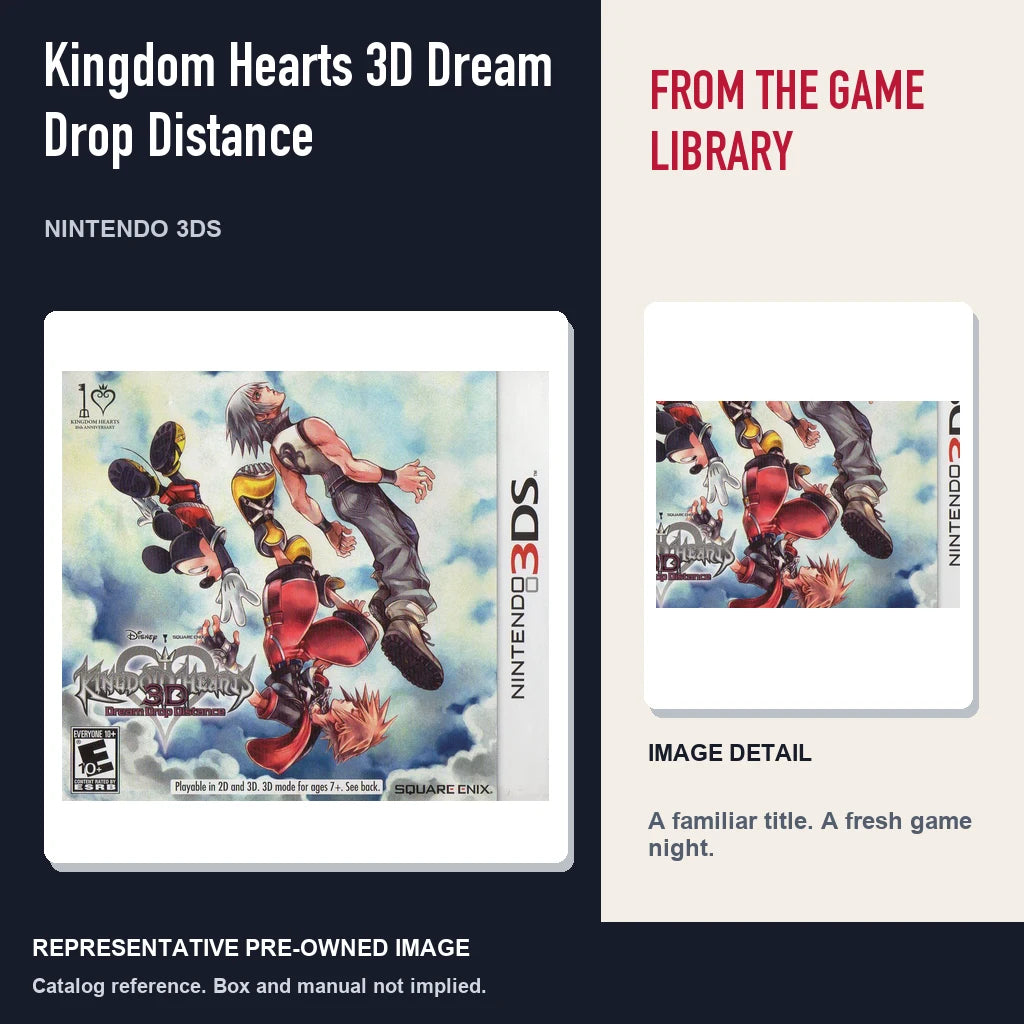 Representative pre-owned Kingdom Hearts 3D Dream Drop Distance (Nintendo 3DS), editorial image and detail.