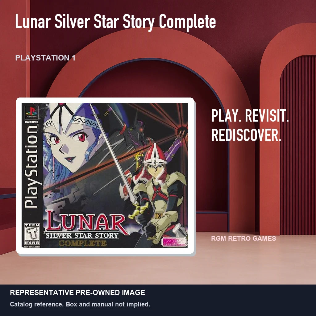 Representative pre-owned Lunar Silver Star Story Complete (PlayStation 1), red retro product layout.