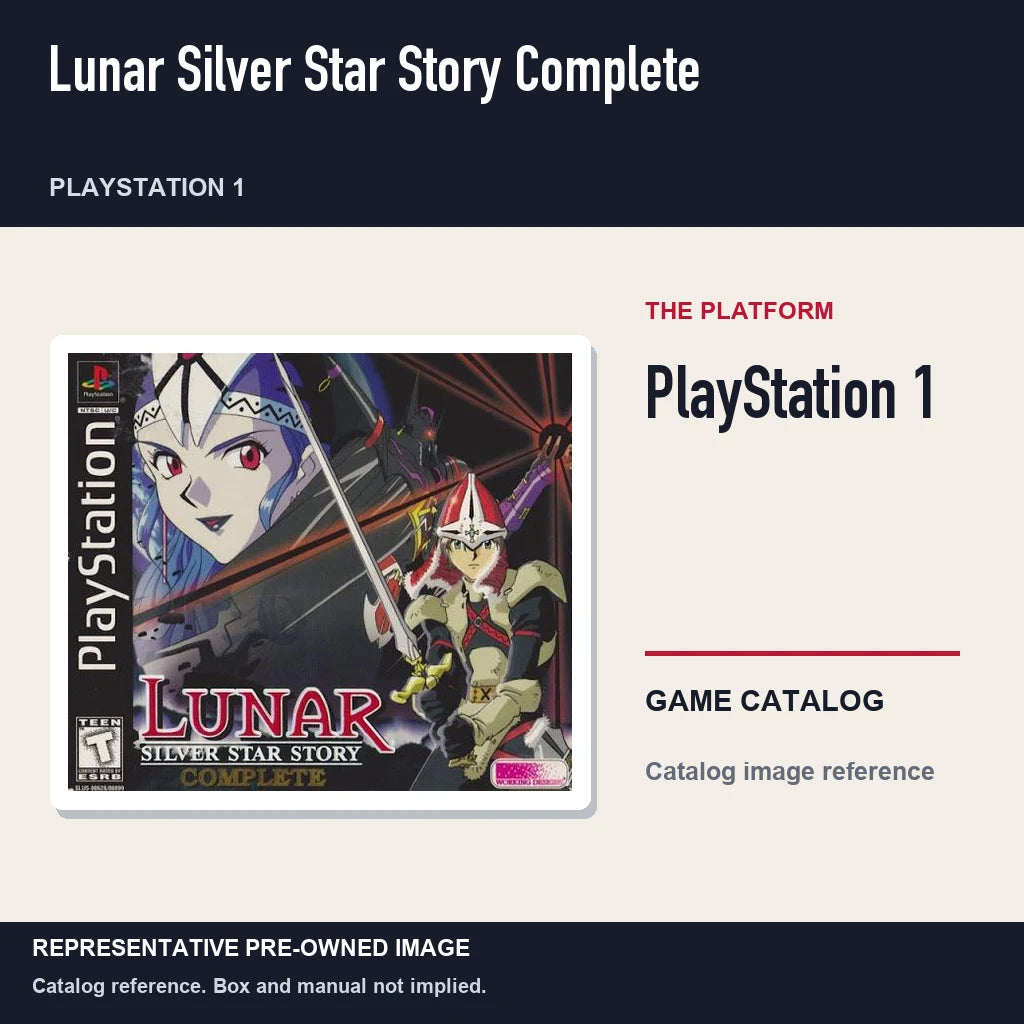 Representative pre-owned Lunar Silver Star Story Complete (PlayStation 1), platform product layout.