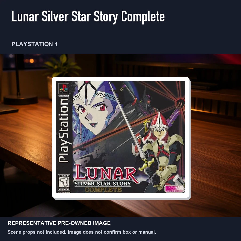 Representative pre-owned Lunar Silver Star Story Complete (PlayStation 1), product image in a styled desk scene.