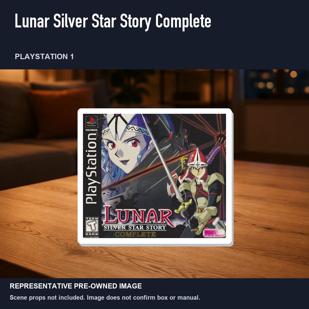 Representative pre-owned Lunar Silver Star Story Complete (PlayStation 1), product image in a styled room scene.