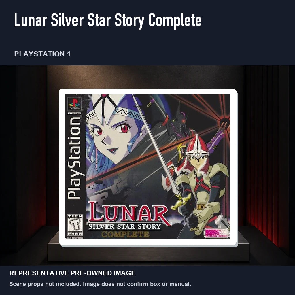 Representative pre-owned Lunar Silver Star Story Complete (PlayStation 1), product image on a display panel.