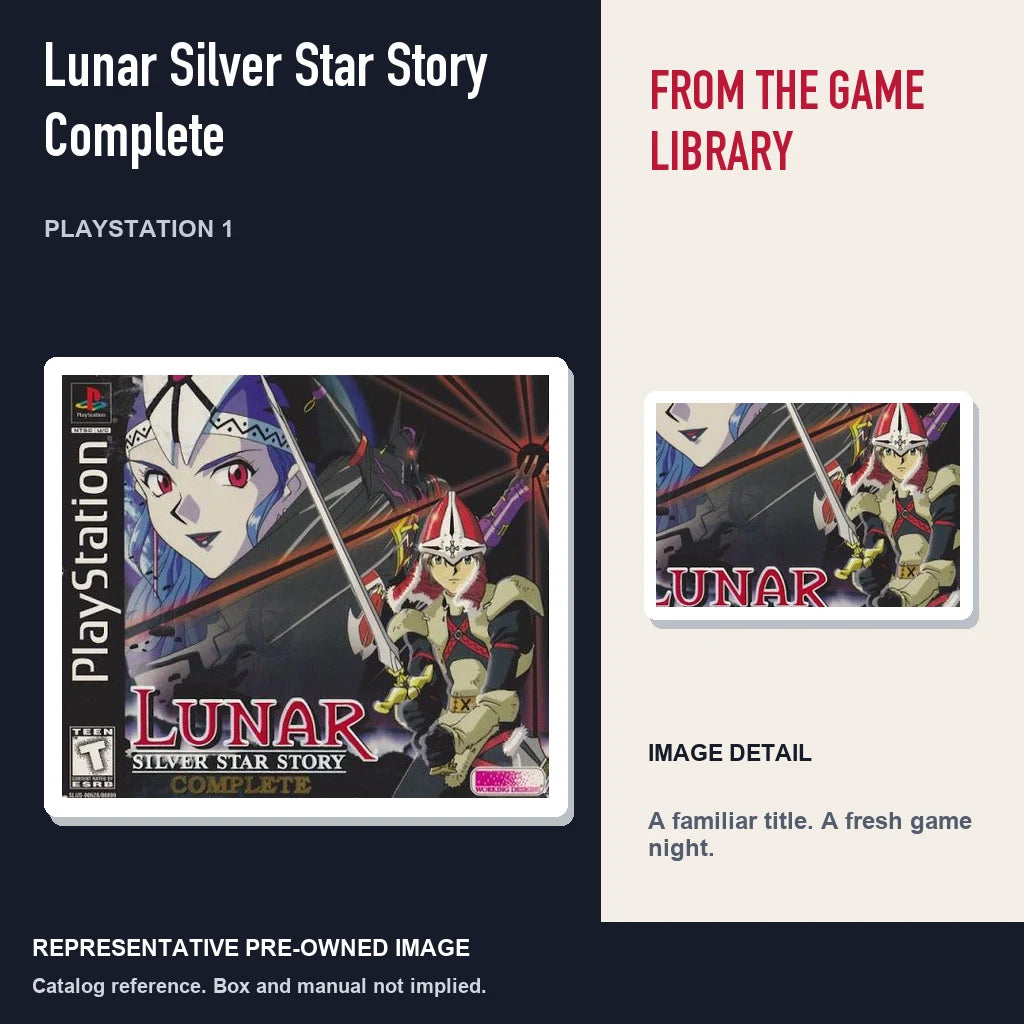 Representative pre-owned Lunar Silver Star Story Complete (PlayStation 1), editorial image and detail.