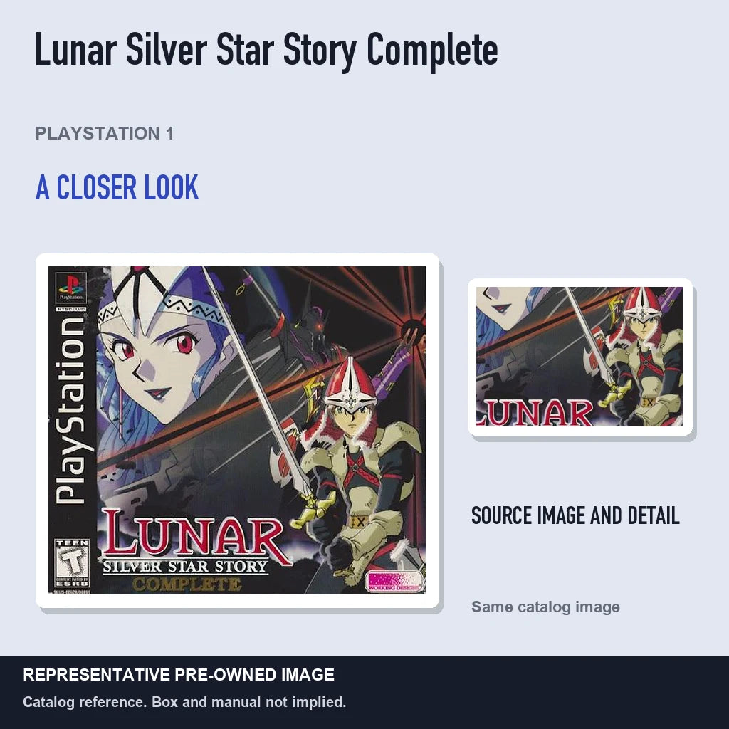 Representative pre-owned Lunar Silver Star Story Complete (PlayStation 1), full image with detail inset.