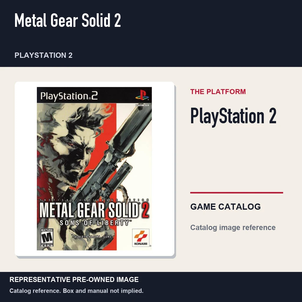 Representative pre-owned Metal Gear Solid 2 (PlayStation 2), platform product layout.