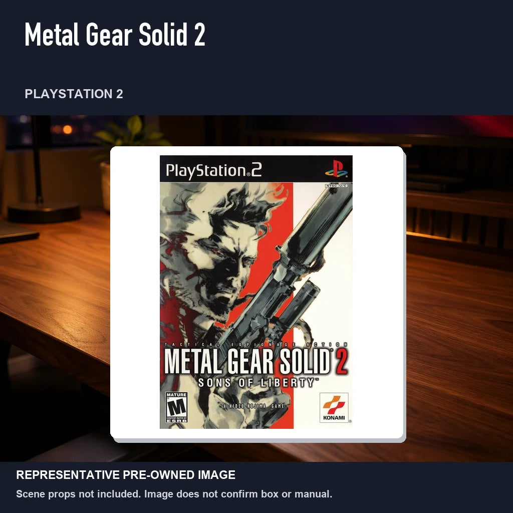 Representative pre-owned Metal Gear Solid 2 (PlayStation 2), product image in a styled desk scene.
