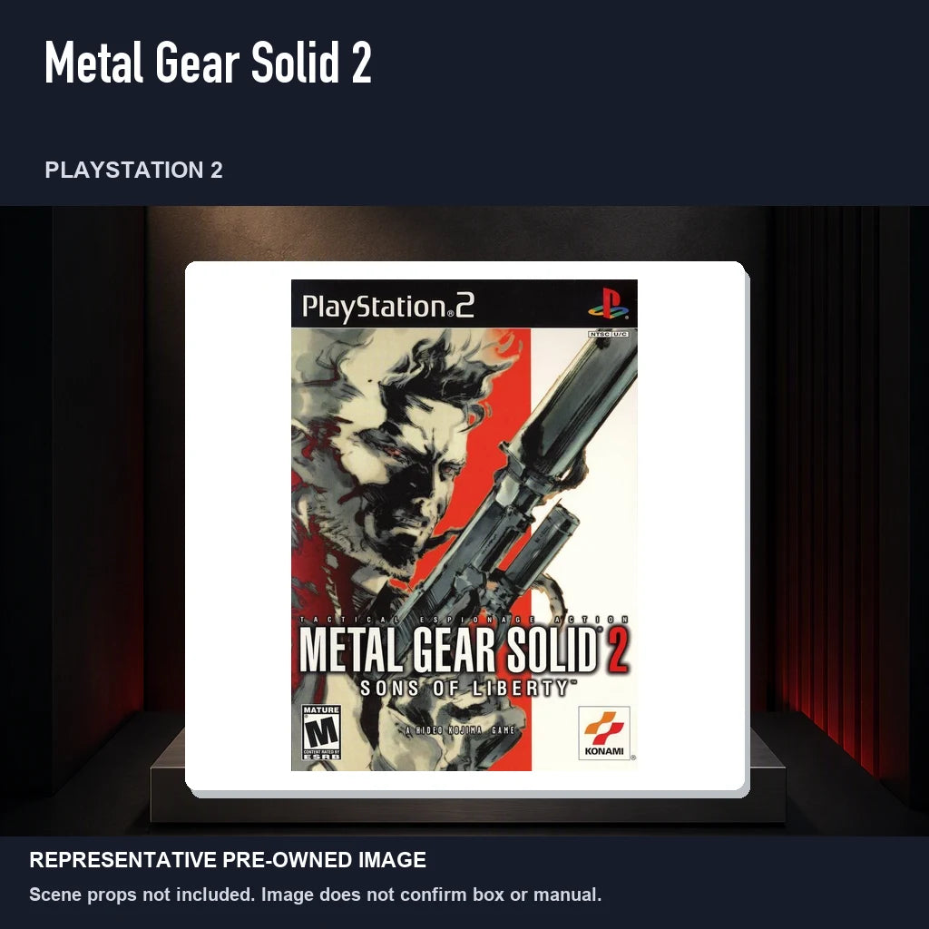 Representative pre-owned Metal Gear Solid 2 (PlayStation 2), product image on a display panel.