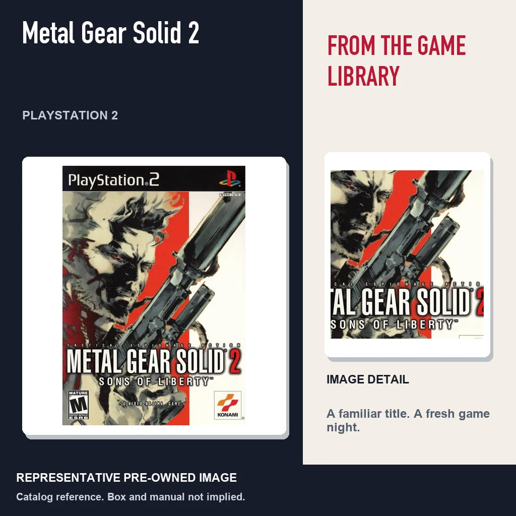 Representative pre-owned Metal Gear Solid 2 (PlayStation 2), editorial image and detail.