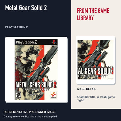 Representative pre-owned Metal Gear Solid 2 (PlayStation 2), editorial image and detail.
