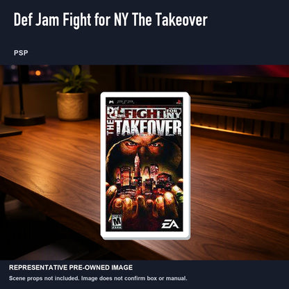 Representative pre-owned Def Jam Fight for NY The Takeover (PSP), product image in a styled desk scene.