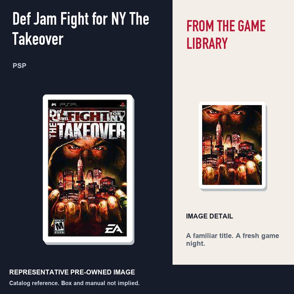 Representative pre-owned Def Jam Fight for NY The Takeover (PSP), editorial image and detail.
