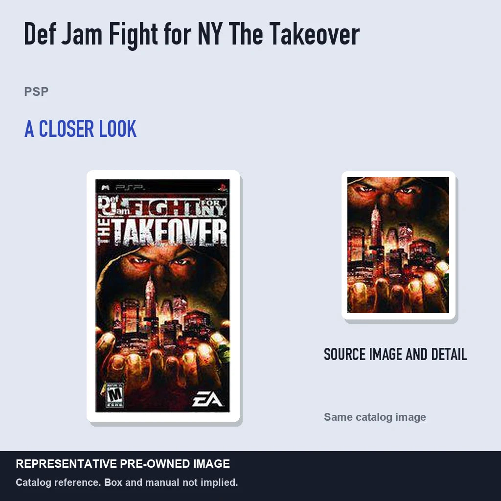 Representative pre-owned Def Jam Fight for NY The Takeover (PSP), full image with detail inset.