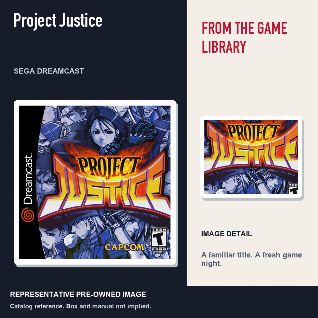 Representative pre-owned Project Justice (Sega Dreamcast), editorial image and detail.