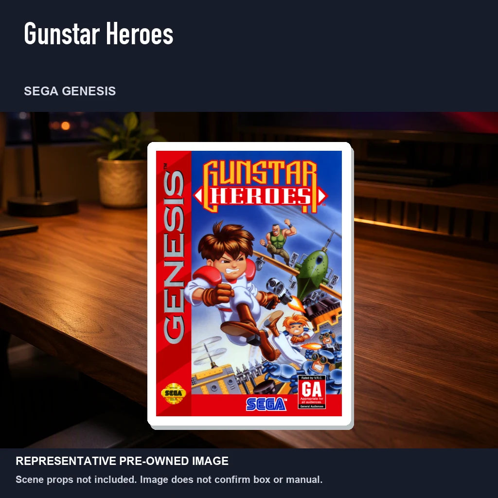 Representative pre-owned Gunstar Heroes (Sega Genesis), product image in a styled desk scene.