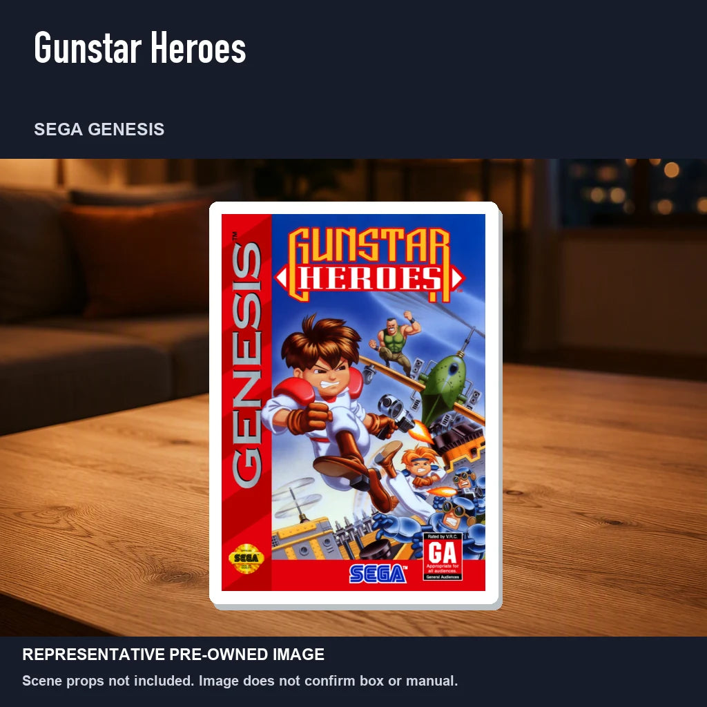 Representative pre-owned Gunstar Heroes (Sega Genesis), product image in a styled room scene.