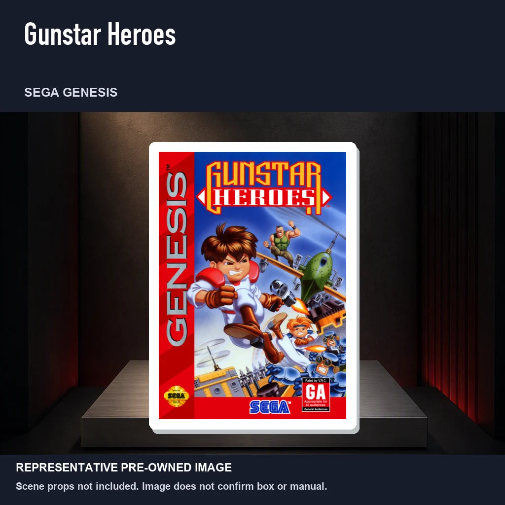 Representative pre-owned Gunstar Heroes (Sega Genesis), product image on a display panel.