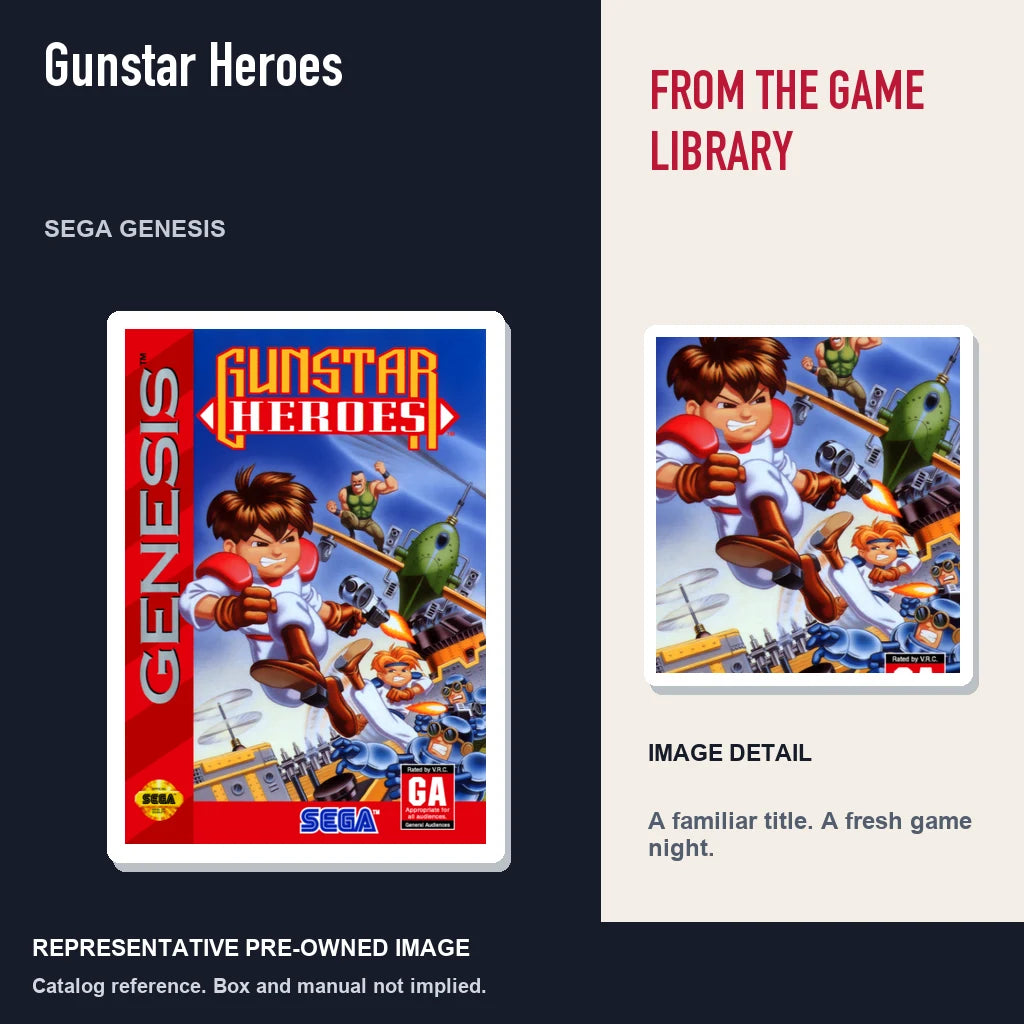 Representative pre-owned Gunstar Heroes (Sega Genesis), editorial image and detail.