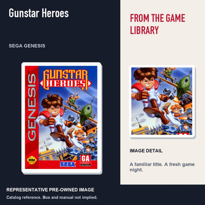 Representative pre-owned Gunstar Heroes (Sega Genesis), editorial image and detail.
