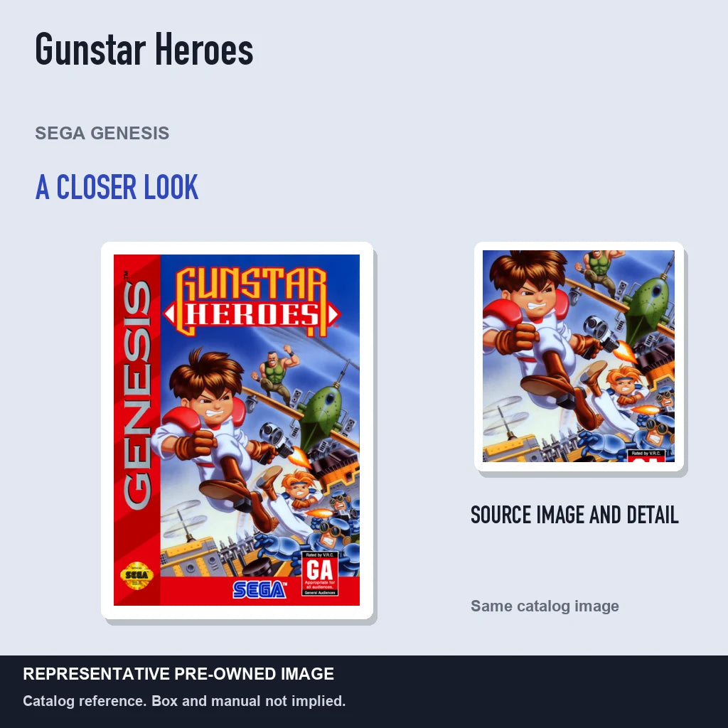 Representative pre-owned Gunstar Heroes (Sega Genesis), full image with detail inset.