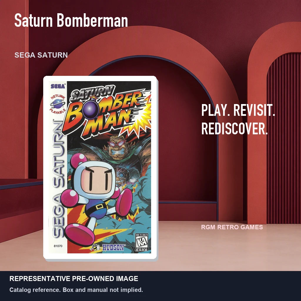Representative pre-owned Saturn Bomberman (Sega Saturn), red retro product layout.