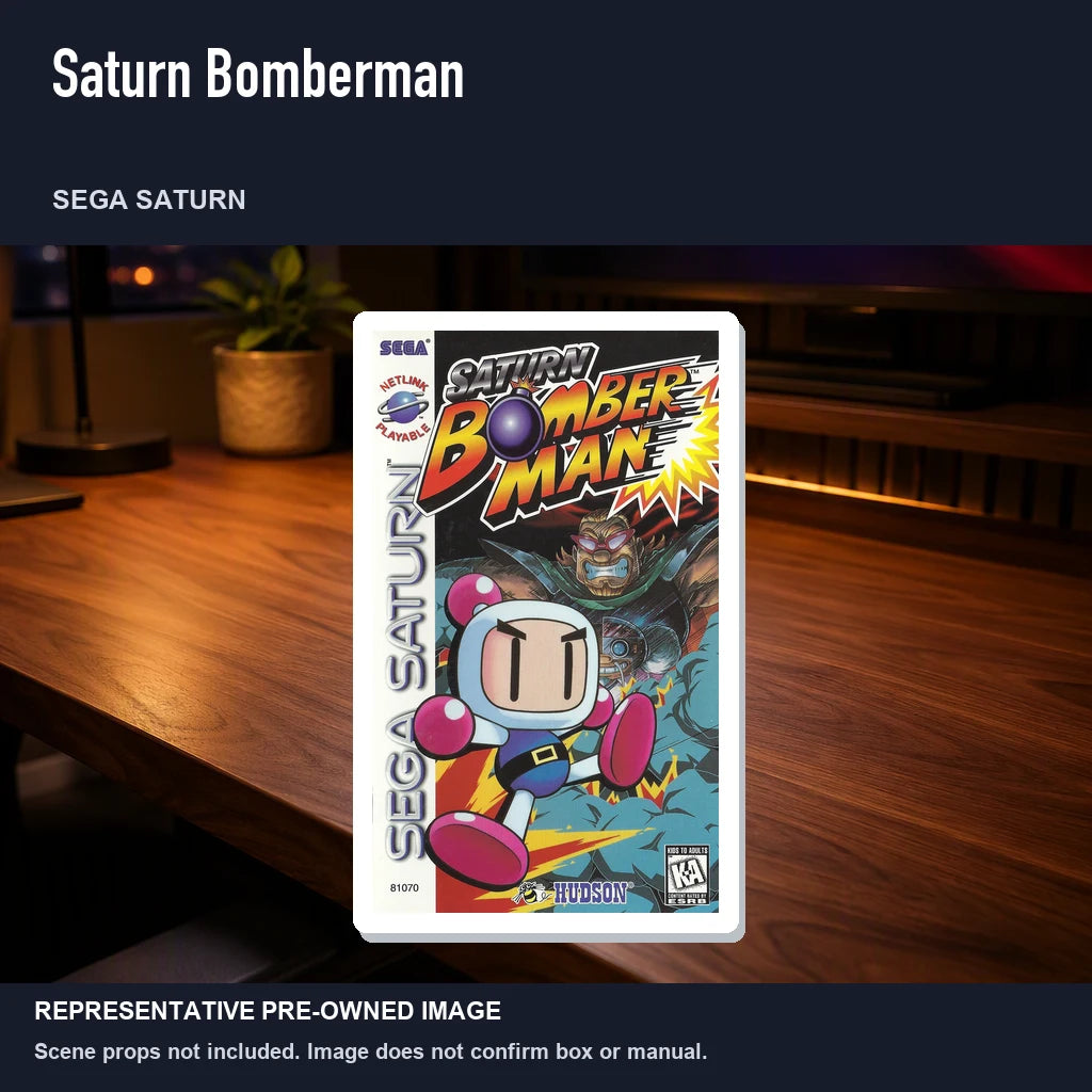 Representative pre-owned Saturn Bomberman (Sega Saturn), product image in a styled desk scene.