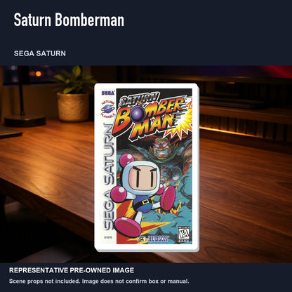 Representative pre-owned Saturn Bomberman (Sega Saturn), product image in a styled desk scene.