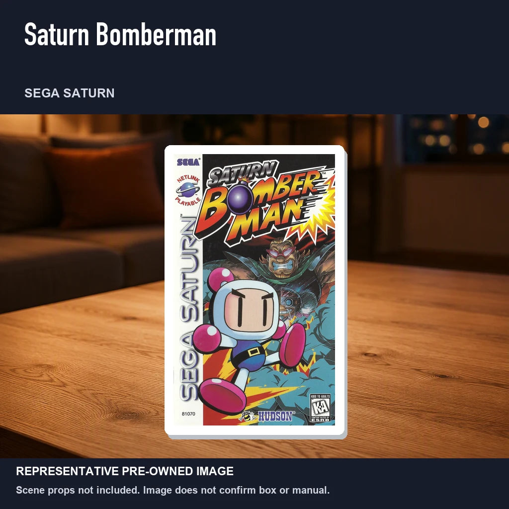 Representative pre-owned Saturn Bomberman (Sega Saturn), product image in a styled room scene.