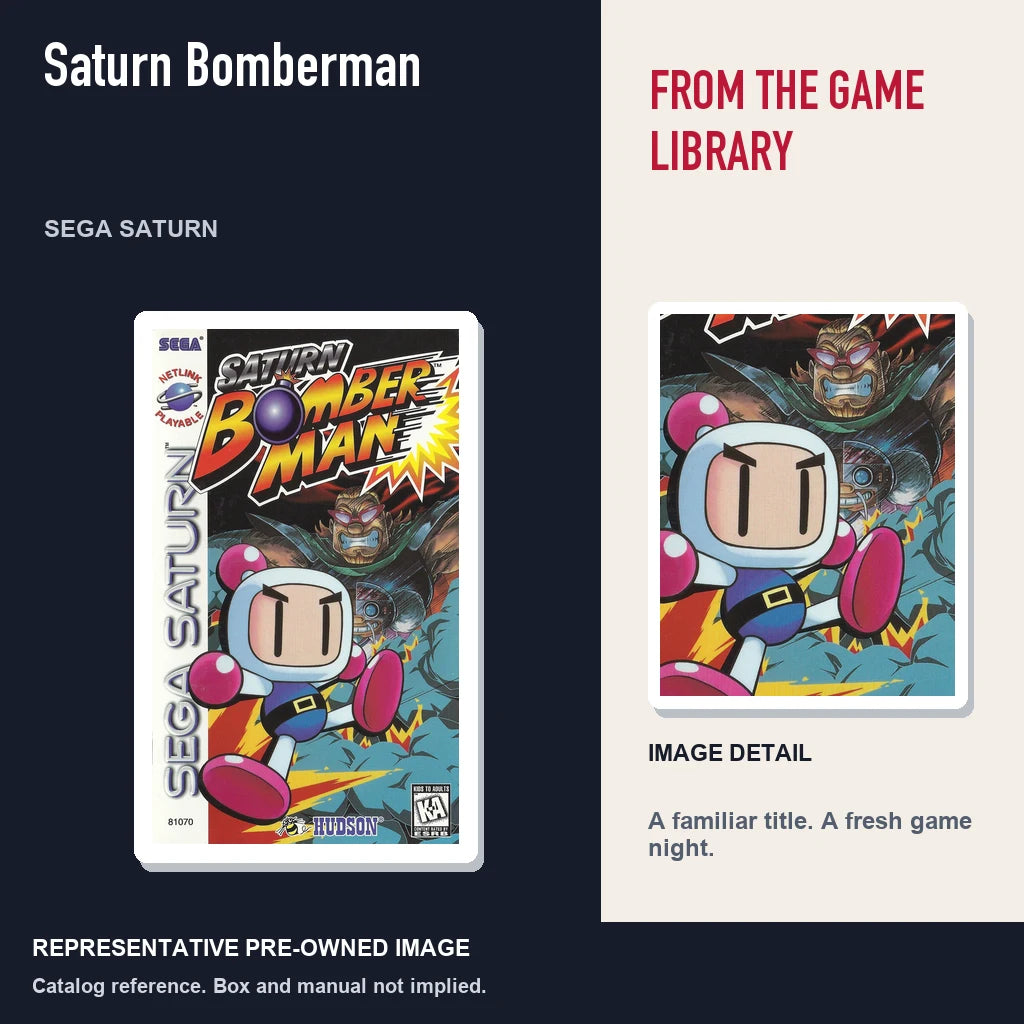 Representative pre-owned Saturn Bomberman (Sega Saturn), editorial image and detail.