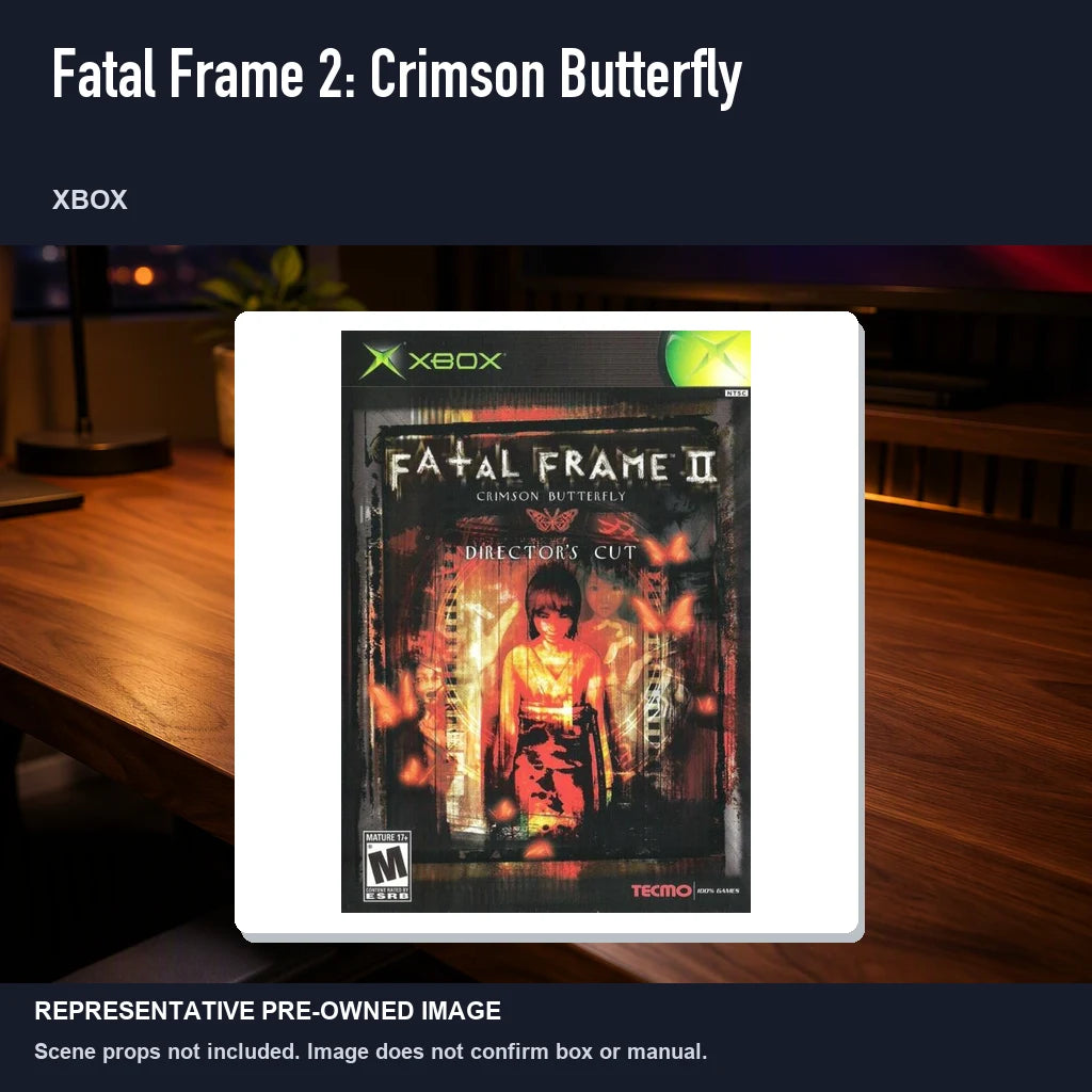 Representative pre-owned Fatal Frame 2: Crimson Butterfly (Xbox), product image in a styled desk scene.