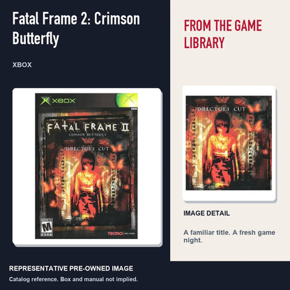 Representative pre-owned Fatal Frame 2: Crimson Butterfly (Xbox), editorial image and detail.