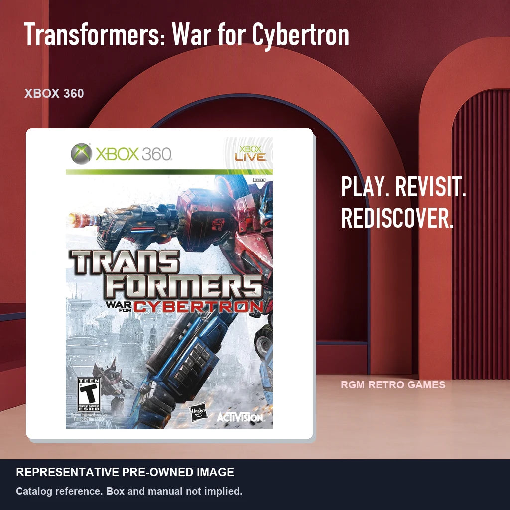 Representative pre-owned Transformers: War for Cybertron (Xbox 360), red retro product layout.