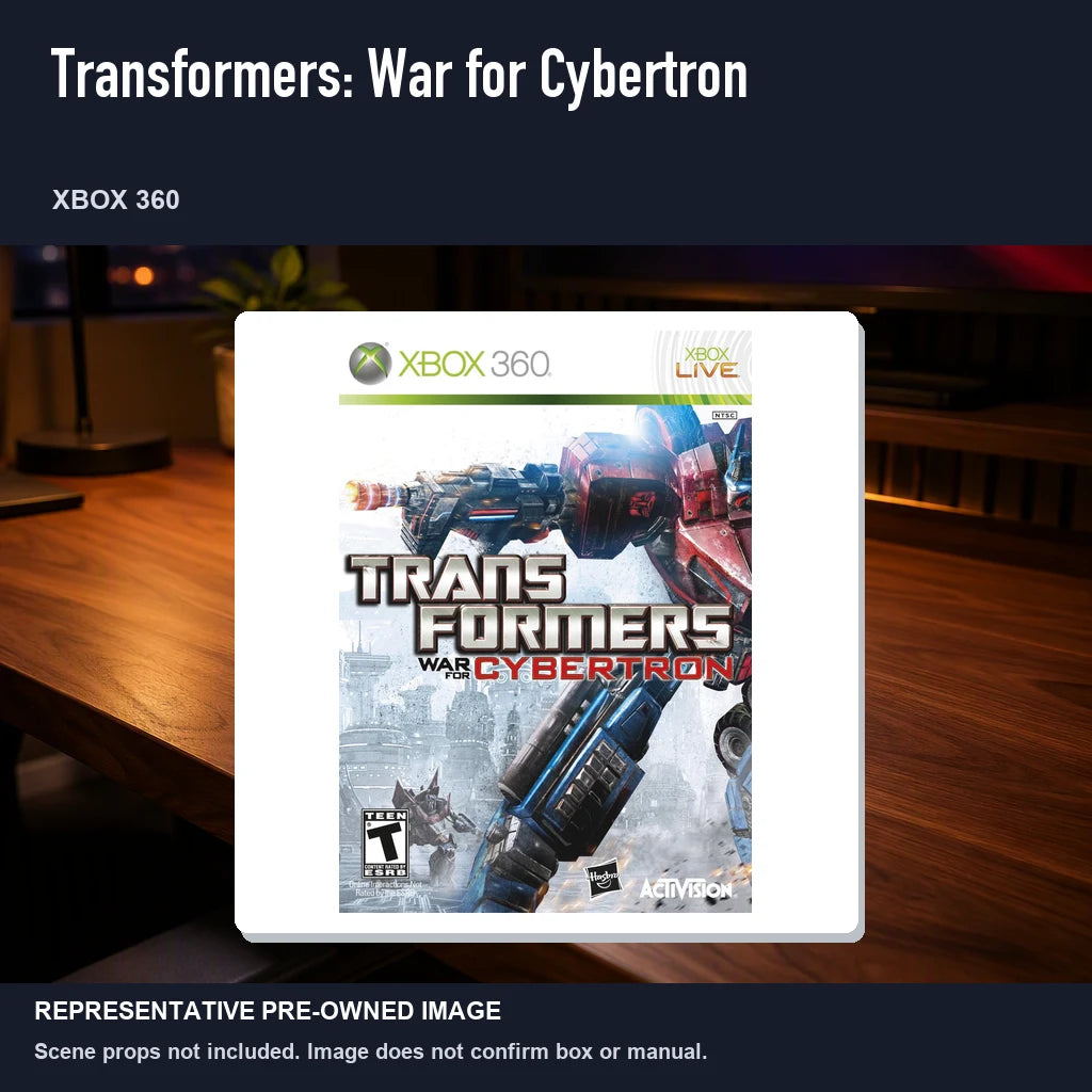 Representative pre-owned Transformers: War for Cybertron (Xbox 360), product image in a styled desk scene.