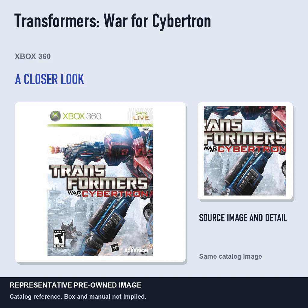 Representative pre-owned Transformers: War for Cybertron (Xbox 360), full image with detail inset.