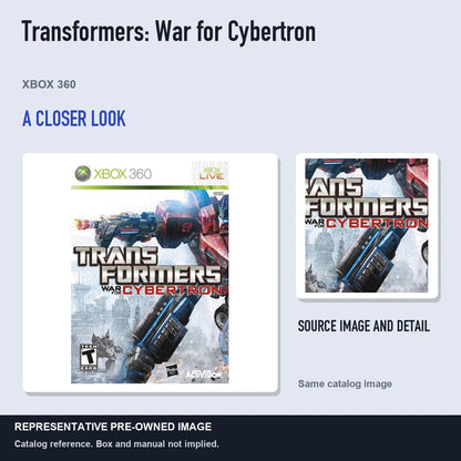 Representative pre-owned Transformers: War for Cybertron (Xbox 360), full image with detail inset.
