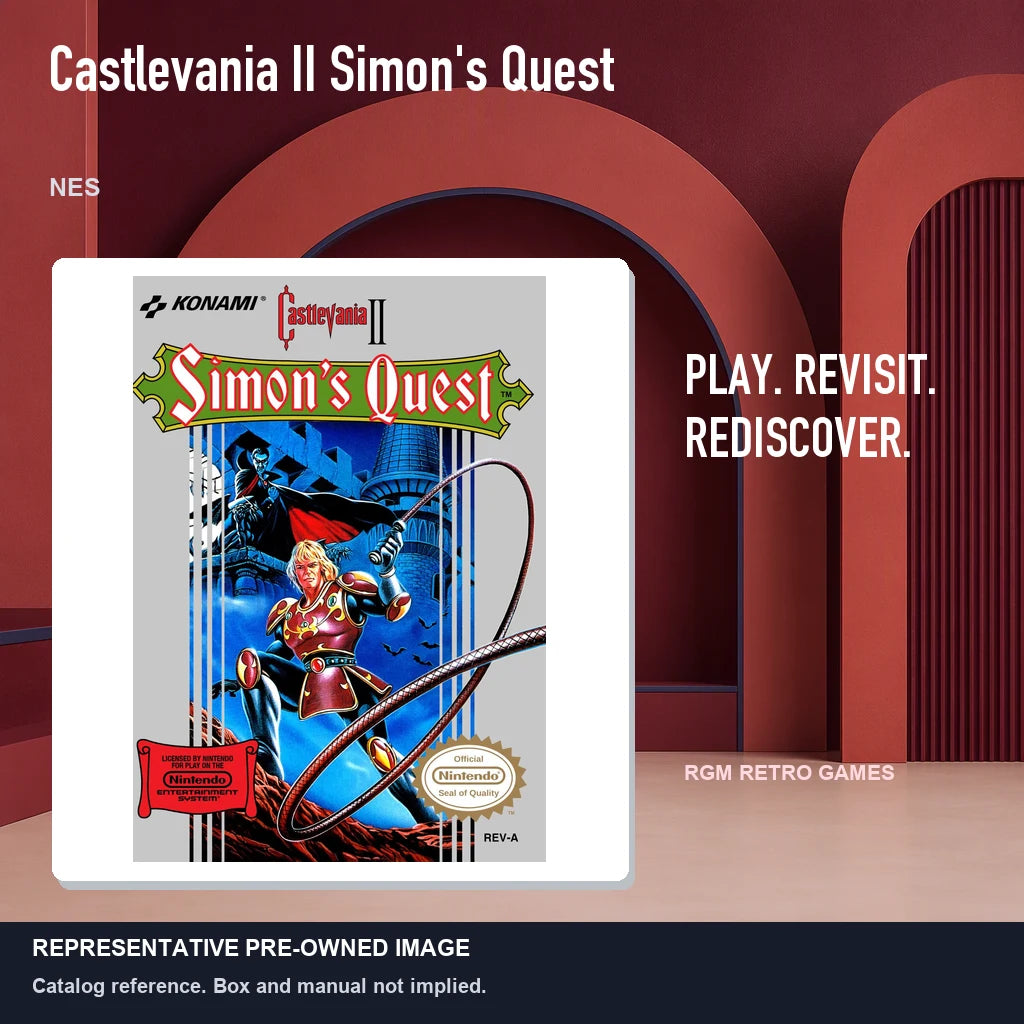 Representative pre-owned Castlevania II Simon's Quest (NES), red retro product layout.