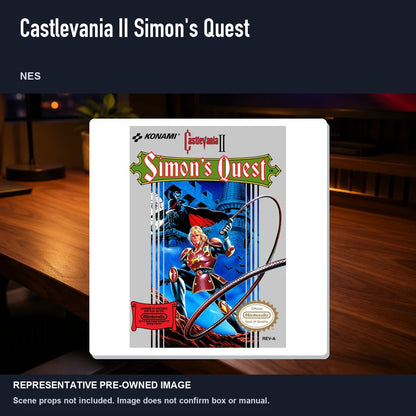 Representative pre-owned Castlevania II Simon's Quest (NES), product image in a styled desk scene.