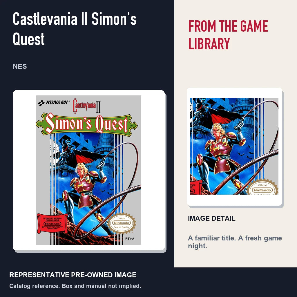 Representative pre-owned Castlevania II Simon's Quest (NES), editorial image and detail.