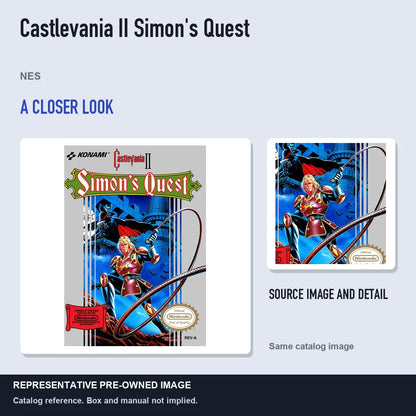 Representative pre-owned Castlevania II Simon's Quest (NES), full image with detail inset.