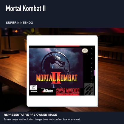 Representative pre-owned Mortal Kombat II (Super Nintendo), product image in a styled desk scene.