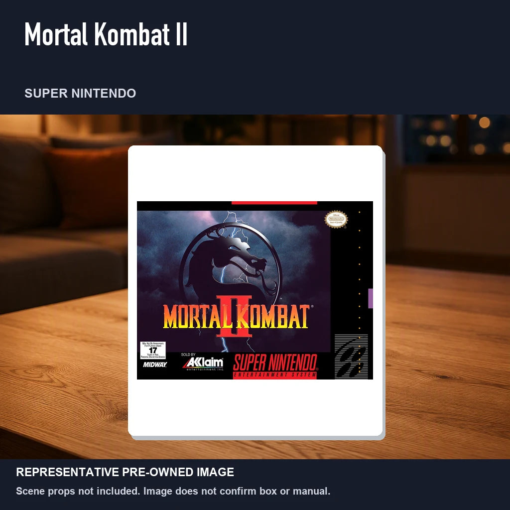 Representative pre-owned Mortal Kombat II (Super Nintendo), product image in a styled room scene.