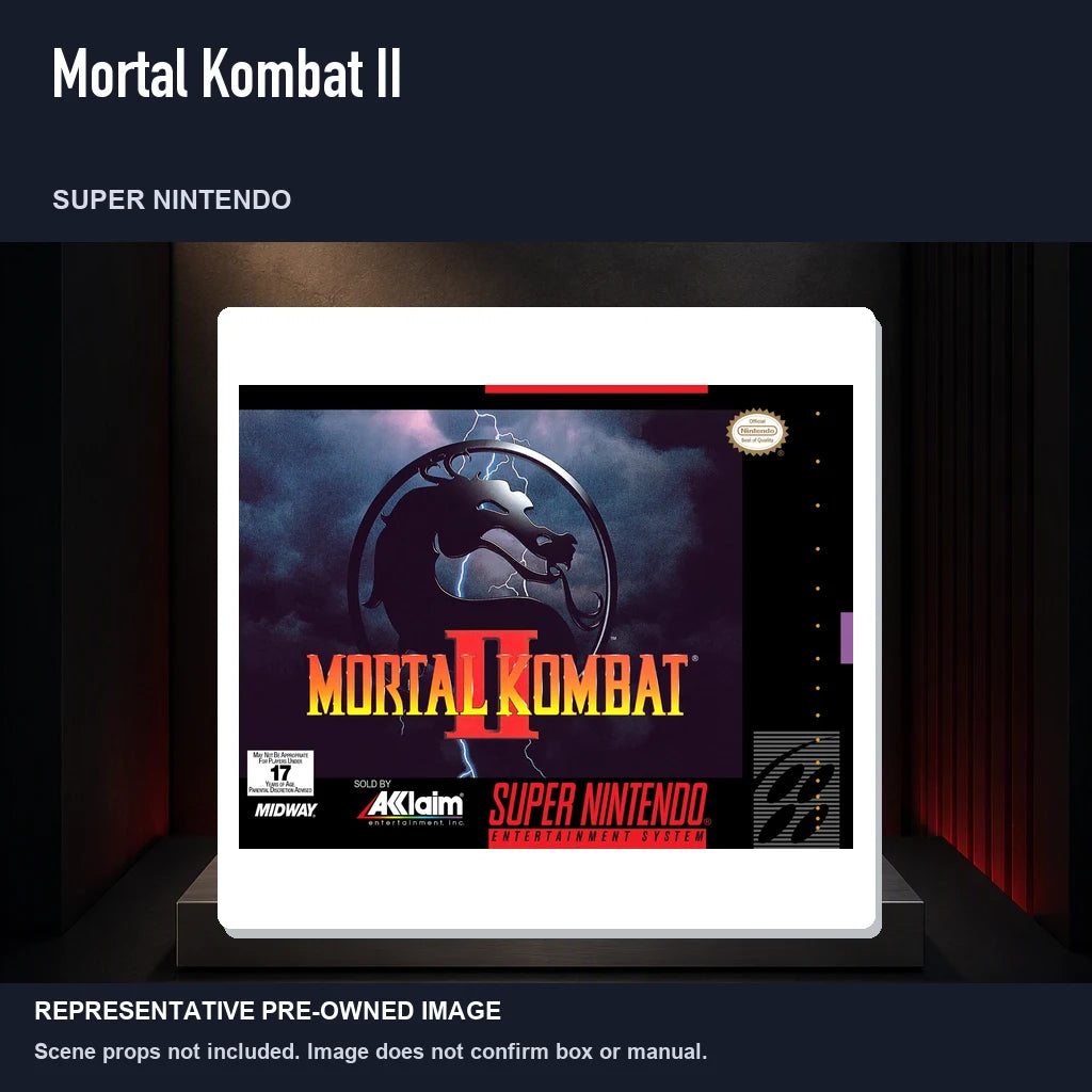 Representative pre-owned Mortal Kombat II (Super Nintendo), product image on a display panel.