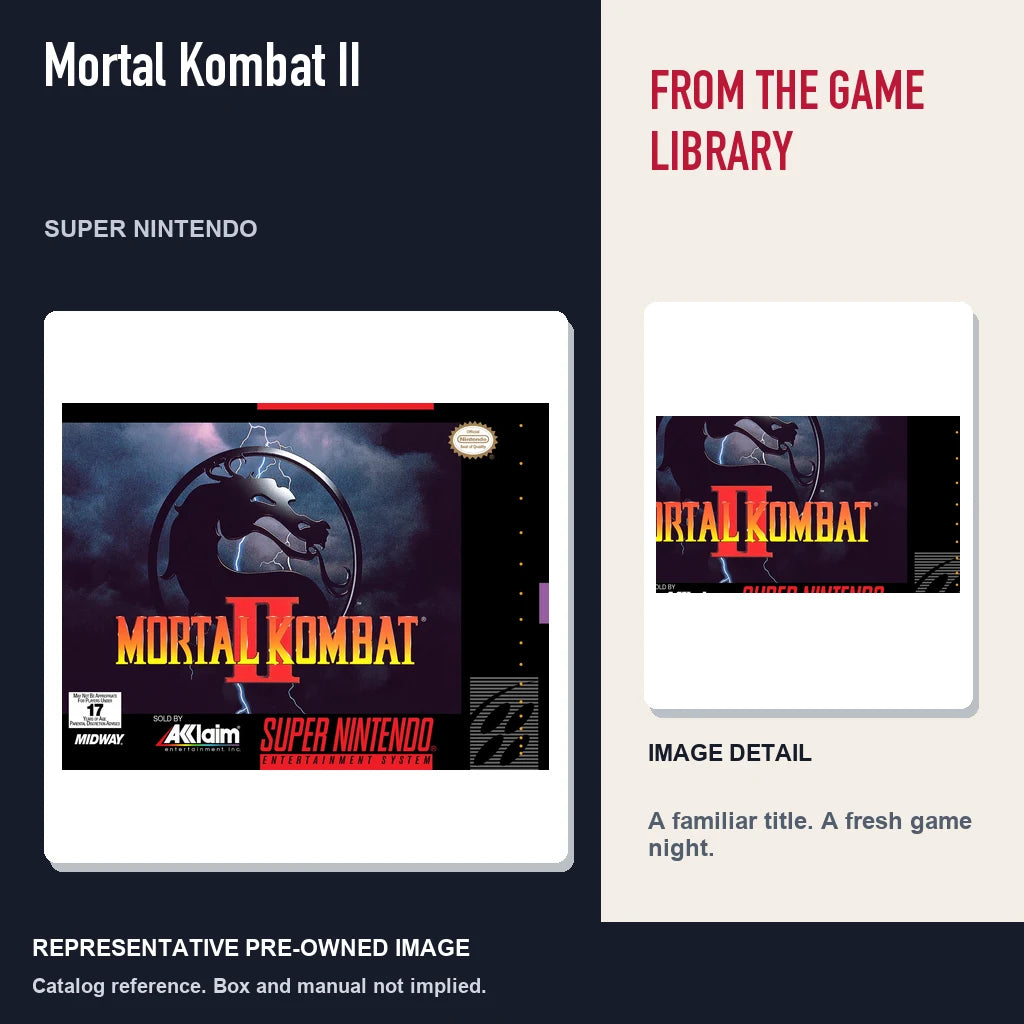 Representative pre-owned Mortal Kombat II (Super Nintendo), editorial image and detail.