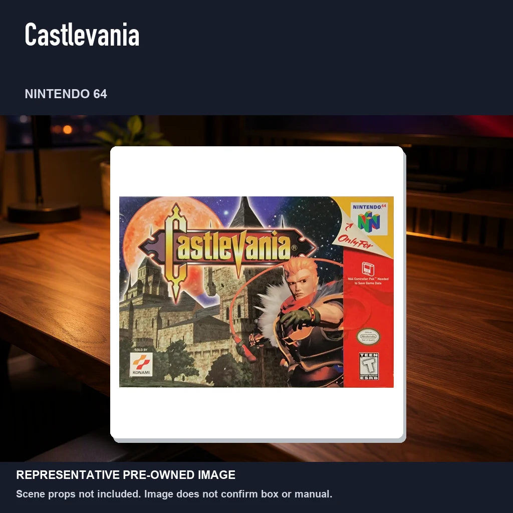 Representative pre-owned Castlevania (Nintendo 64), product image in a styled desk scene.