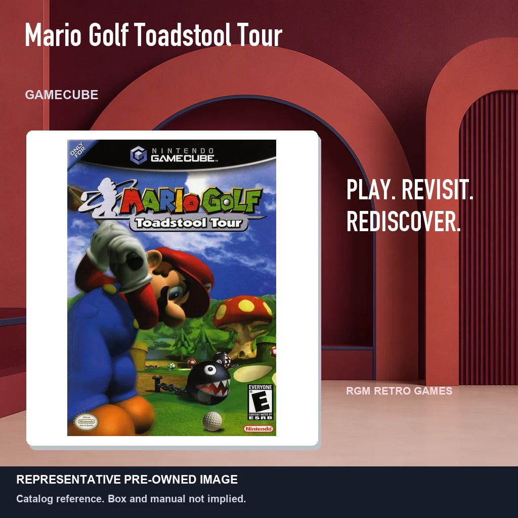 Representative pre-owned Mario Golf Toadstool Tour (GameCube), red retro product layout.